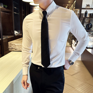 领口金属装饰设计感男长袖礼服衬衫男时尚褶皱条纹衬衣C3005-P73