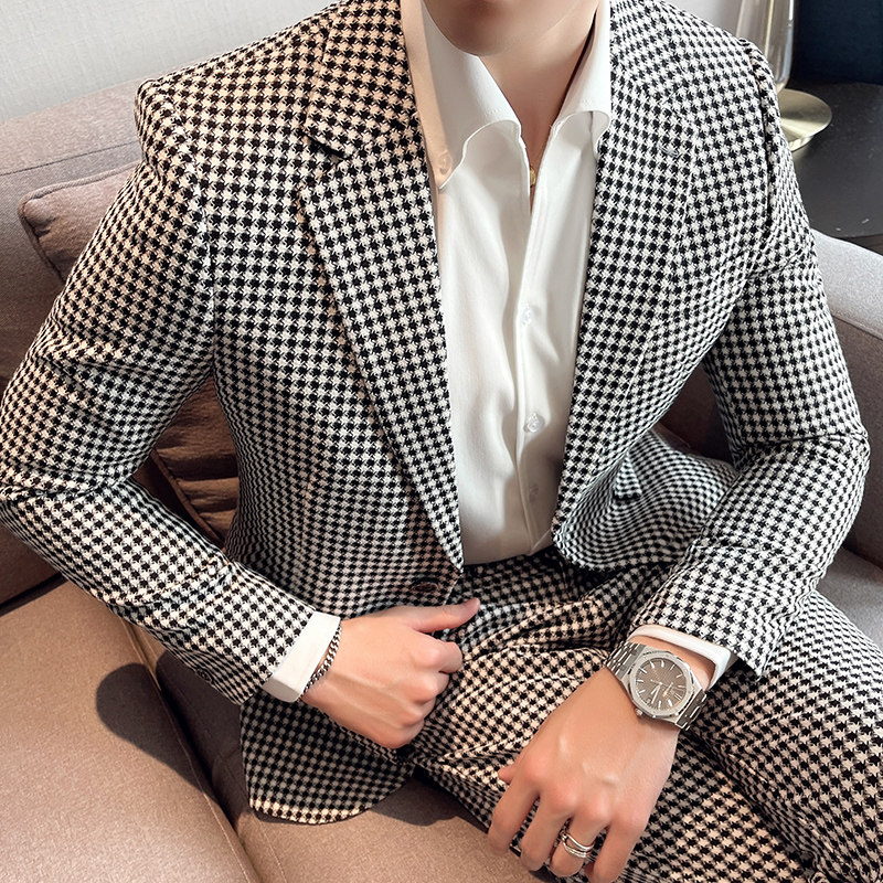 千鸟格子小西装男修身西服两件套男休闲西服套装卡其格LJT13/P225,男装西服套装,电商A213