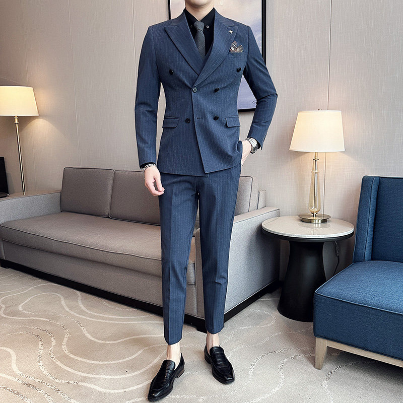 高级感戗驳领双排扣西服套装高档质感条纹西装三件套SJT152-P285,男装西服套装,电商A213