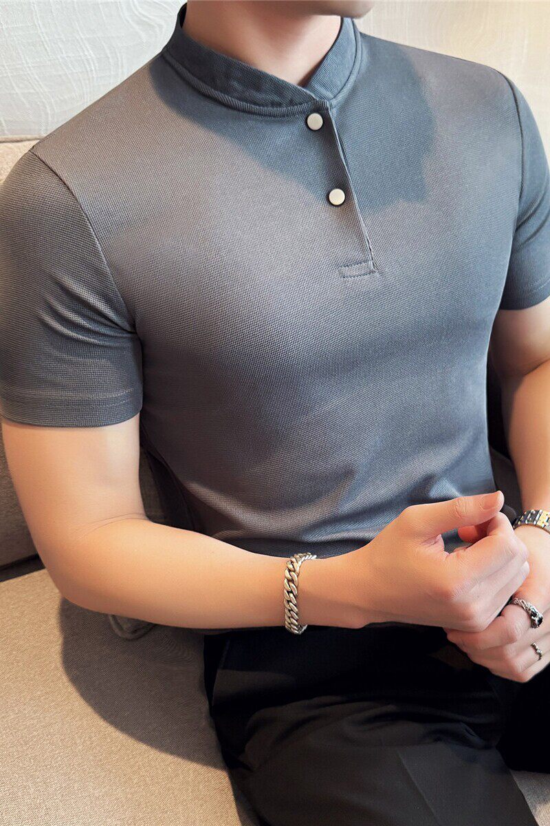 夏季高级感新中式立领薄款polo衫纯色修身圆领短袖t恤PLH016-P37,男装Polo衫,电商A213