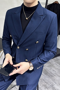 高级感戗驳领双排扣西装两件套男商务休闲西服宝蓝色LJT-1-P230图片