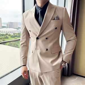 高品质面料西服套装纯色双排扣戗驳领西装三件套卡其SJT8021-P275图片