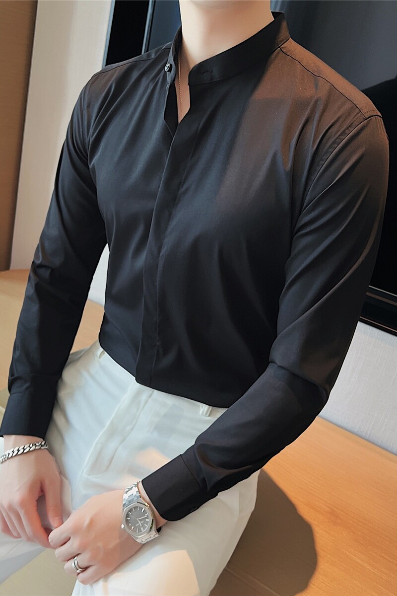 高级感立领衬衫男长袖修身圆领衬衣西装内搭衬衣黑色CXT18-P63,男装西服套装,电商A213