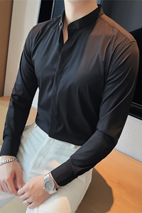 高级感立领衬衫男长袖修身圆领衬衣西装内搭衬衣黑色CXT18-P63图片