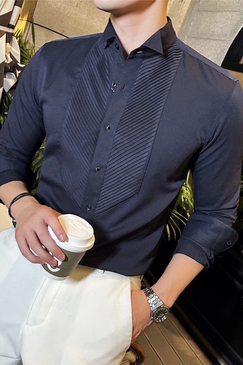 宴会绅士礼服法式翼领衬衫男长袖商务风琴褶衬衣宝蓝色C2353-P73,男装衬衫,电商A213