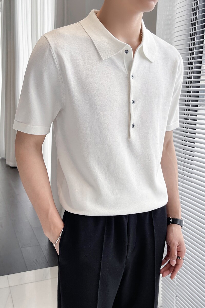 轻熟风~男薄款针织短袖Polo衫冰丝质感翻领T恤白色PL9782-P68,男装T恤,电商A213