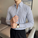 主推网红个性V领衬衫男长袖潮流休闲立领条纹衬衣蓝色C27-P60，男装衬衫，电商A213