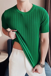 潮男圆领短袖毛衣修身半袖条纹针织衫弹力T恤打底衫绿色MY03-P45图片