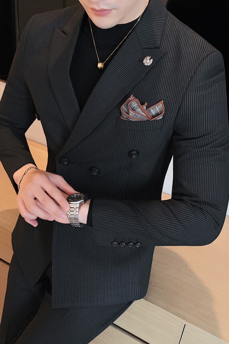 加厚条纹西服套装男痞帅修身双排扣正装结婚西装黑色LJT112-P230,男装西服套装,电商A213