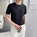 轻熟风~冰丝清凉镂空针织圆领短袖T恤男修身弹力T恤黑色T9780-P58，男装T恤，电商A213