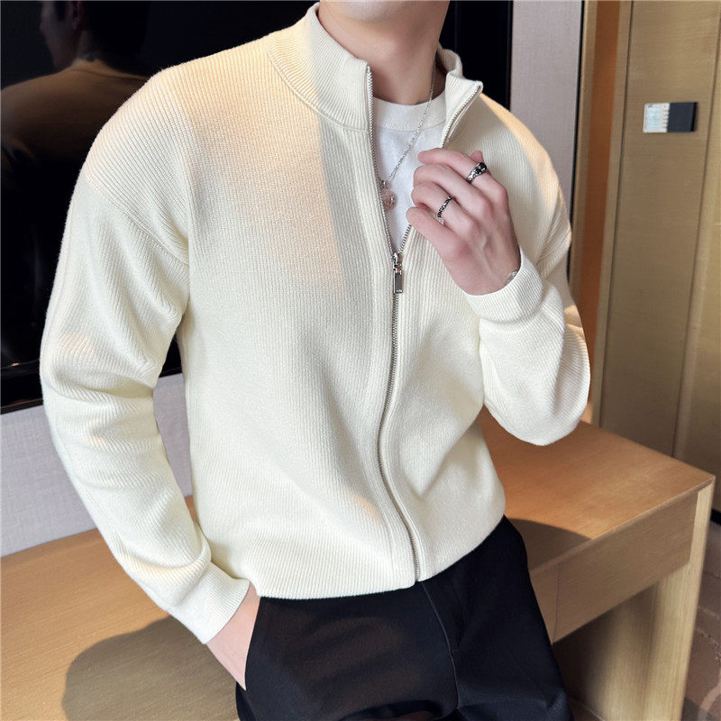 高级感秋冬加厚毛衣外套男修身立领拉链针织开衫浅杏色M6628-P88