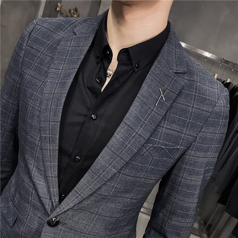 补齐大货~新款男士格子西装两件套修身西服套装蓝色LJT873-P230,男装西服套装,电商A213