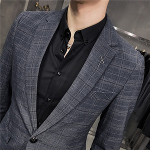补齐大货~新款男士格子西装两件套修身西服套装蓝色LJT873-P230图片