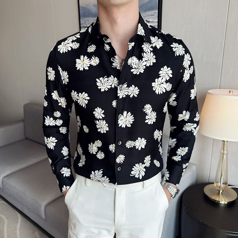 高级感雏菊印花衬衣时尚花衬衫男长袖商务休闲免烫黑色CZ003-P63,男装衬衫,电商A213