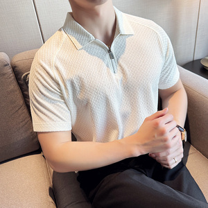 泡泡纱网格面料~冰丝薄款高弹半拉链polo衫男短袖白色PL2509-P63,优衣库男士穿搭夏季瘦子图片