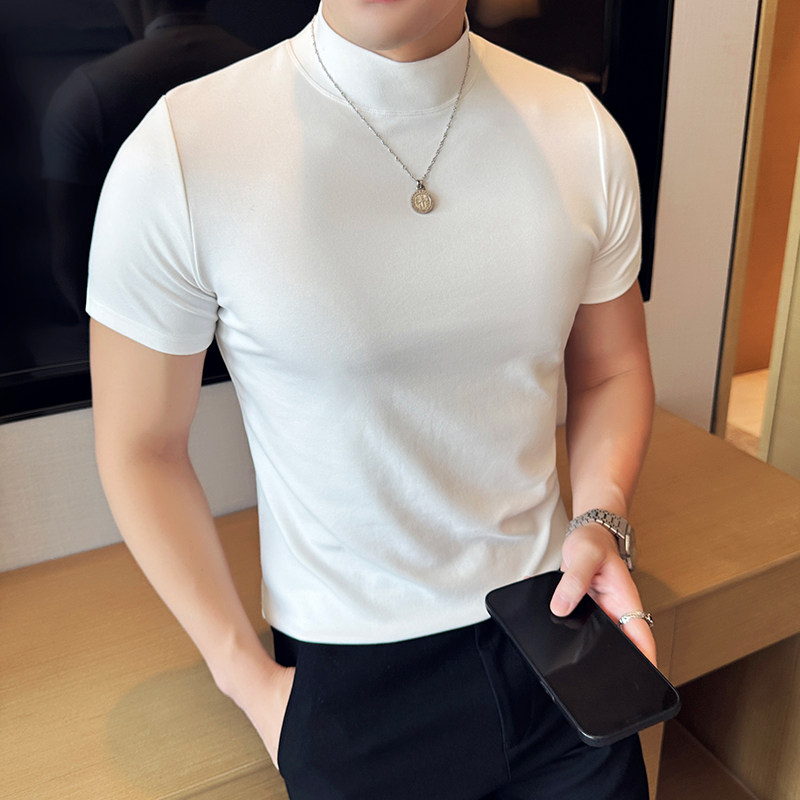 高级感半高领弹力t恤修身短袖纯棉时尚撒粉中领打底衫潮DT17-P42,男装T恤,电商A213