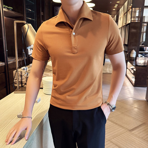 立体一字领休闲polo衫男商务时尚古巴领短袖T恤咖啡色PL2426-P63图片