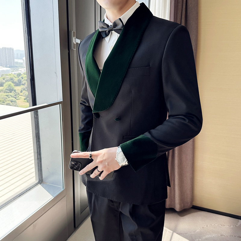 丝绒拼接青果领帅气西服两件套男士西装套装结婚礼服LJT941-P230，男装西服套装，电商A213