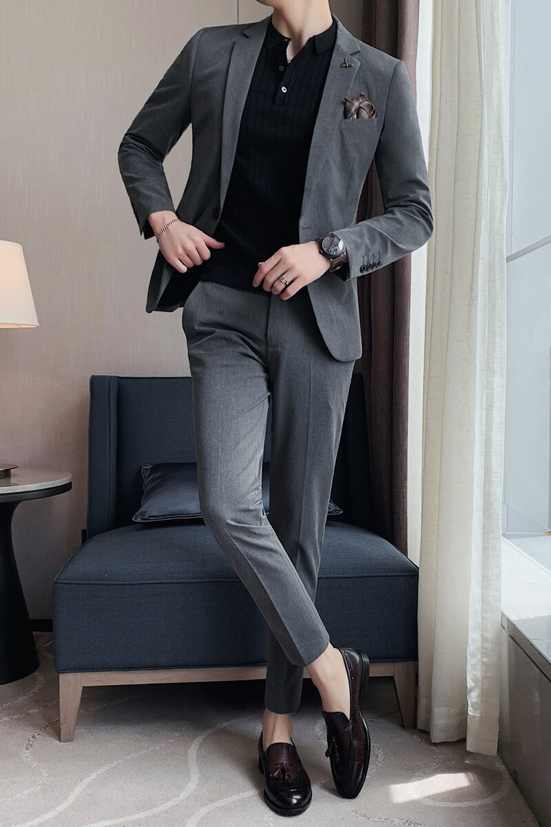 纯色小西装男修身大码两件套男商务休闲西服套装中灰LJT105/P210,男装西服套装,电商A213