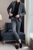 纯色小西装男修身大码两件套男商务休闲西服套装中灰LJT105/P210，男装西服套装，电商A213