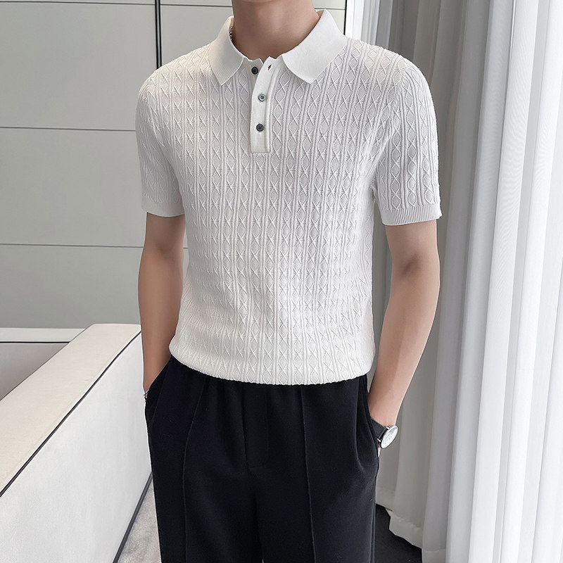 轻熟风~提花针织短袖T恤修身短袖Polo衫翻领tee白色PL9781-P68,男装T恤,电商A213