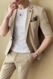 夏装男韩版修身质感纯色中袖西装两件套七分袖西服LJT205-P210，男装西服套装，电商A213