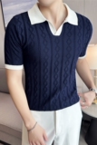 薄款菱形格时尚条纹提花针织短袖男T恤V领拼色Polo衫PL97135-P63，男装T恤，电商A213