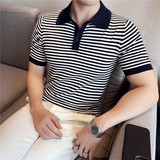 时尚横条纹高级感翻领针织POLO衫拼色短袖T恤冰丝薄款PL2609-P63，男装T恤，电商A213