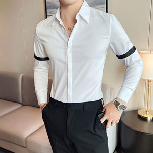 长期做~手臂织带装饰设计感衬衫男长袖帅气休闲痞帅衬衣C5122-P75图片