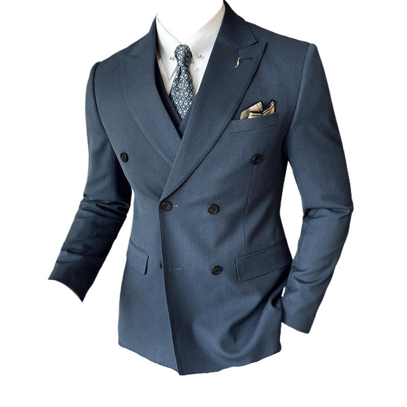 戗驳领珠边高级感条纹西服新郎结婚礼服西装三件套SJT8032-P285,男装西服套装,电商A213