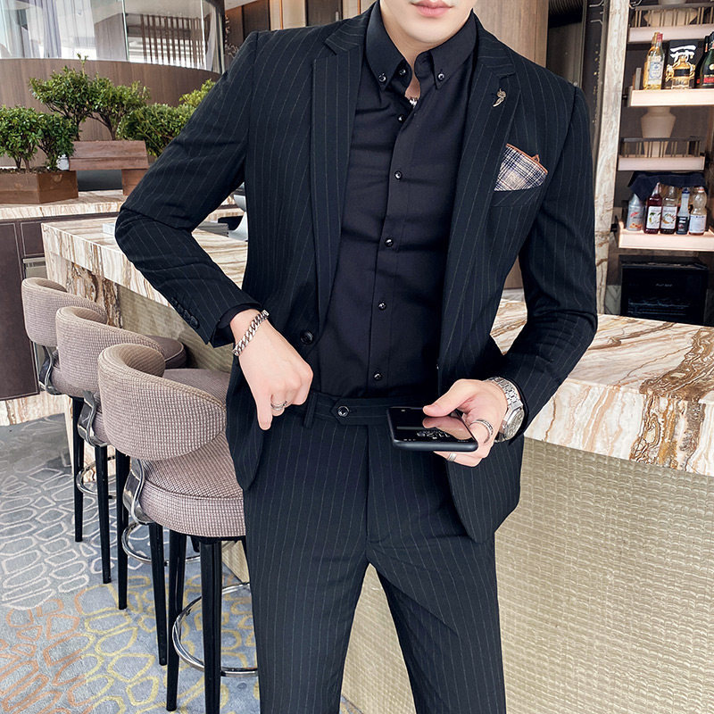 潮男条纹休闲小西装男套装修身帅气西服两件套中灰色LJT108/P225,男装西服套装,电商A213