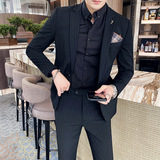 潮男条纹休闲小西装男套装修身帅气西服两件套中灰色LJT108/P225，男装西服套装，电商A213
