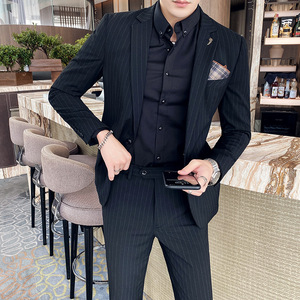 潮男条纹休闲小西装男套装修身帅气西服两件套中灰色LJT108/P225图片