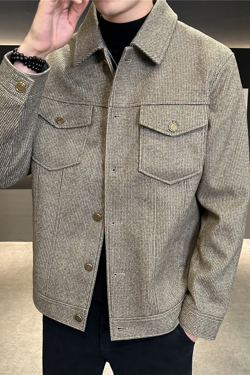 冬季千鸟格毛呢夹克男修身翻领短款格子外套咖啡色JK7012-P145,男装夹克,电商A213