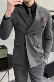大码西服套装双排扣西装三件套男修身纯色西服中灰色SJT305/P275，男装西服套装，电商A213