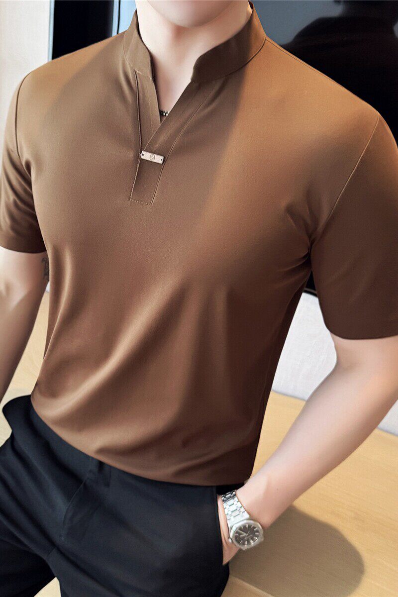 新中式立领高弹力短袖POLO衫高级感无痕压胶翻领T恤PL2816-P63，男装Polo衫，电商A213