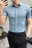 2025夏季新款男刺绣短袖衬衫暗门襟暗扣衬衣修身浅蓝色C1809-P60，男装T恤，电商A213