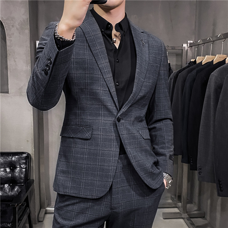 新款男士格子西装两件套修身西服套装蓝色LJT873/P230,男装西服套装,电商A213