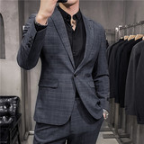 新款男士格子西装两件套修身西服套装蓝色LJT873/P230，男装西服套装，电商A213