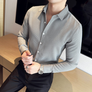 千鸟格长袖衬衫男士修身高级感痞帅衬衣休闲发型师寸衫C2005-P58图片