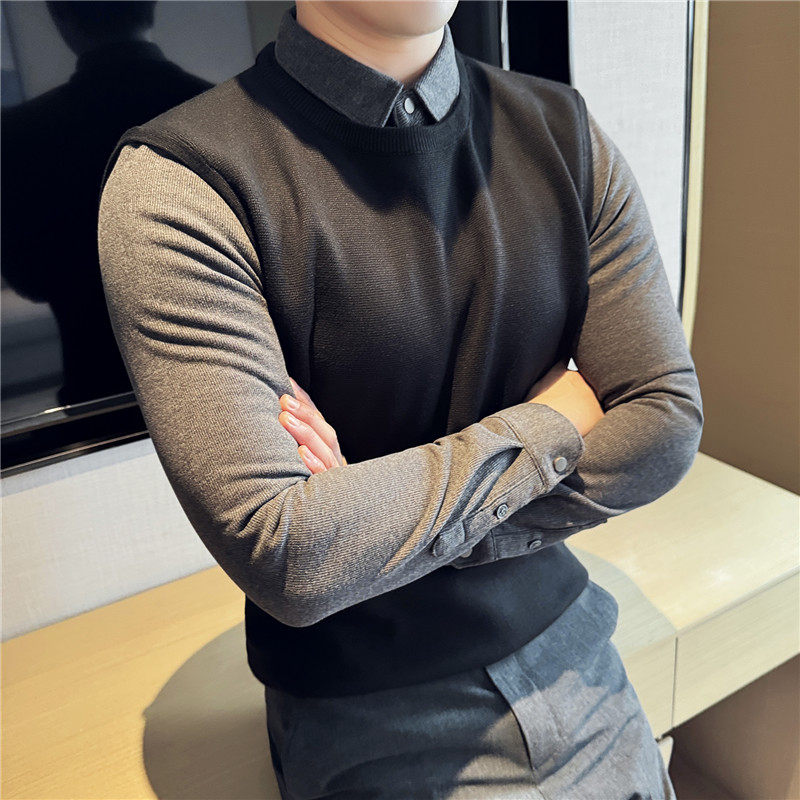 暗条纹灯芯绒质感毛呢衬衫领男加厚毛衣假两件针织衫潮M9386-P93图片