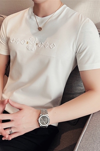 冰丝无痕弹力修身时尚凹凸立体设计字母印花短袖T恤男DT2262-P55图片