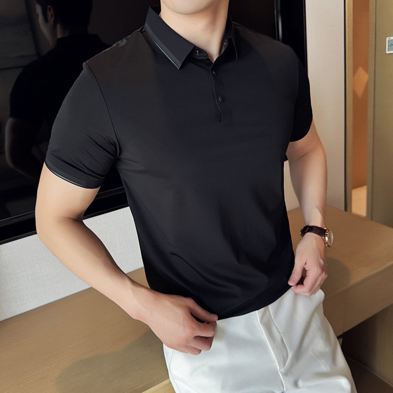 高弹垂感无痕压胶高级感polo衫领口撞色短袖翻领t恤黑色PL12-P68图片