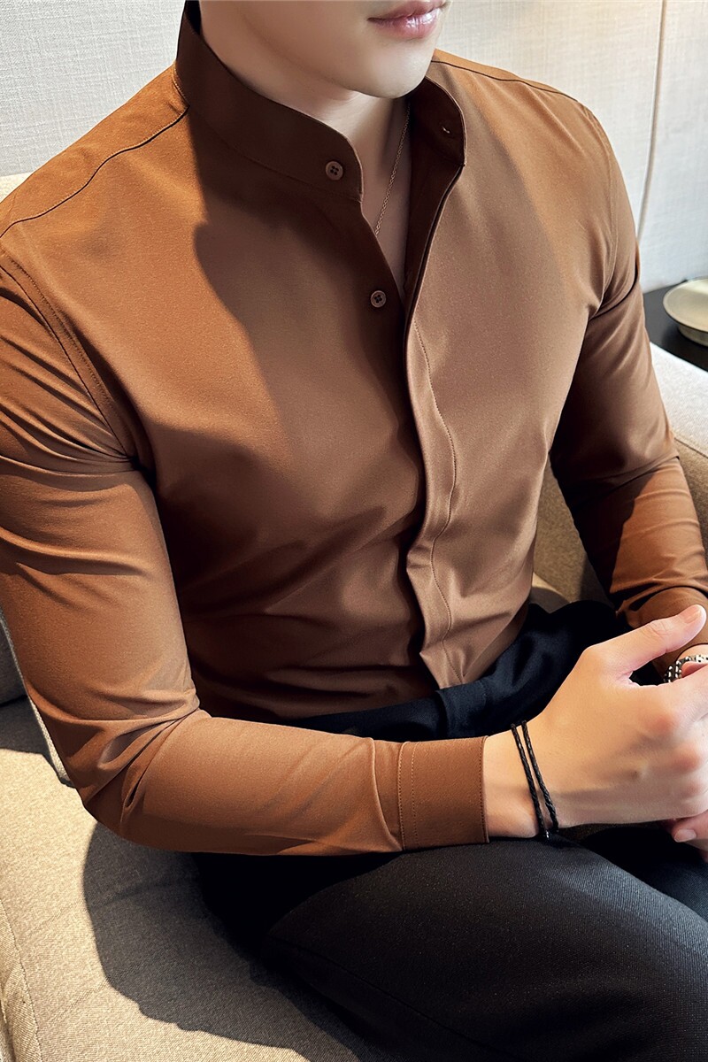 新中式圆领衬衫男商务休闲衬衣立领设计感上衣咖啡色C6622-P58，男装衬衫，电商A213