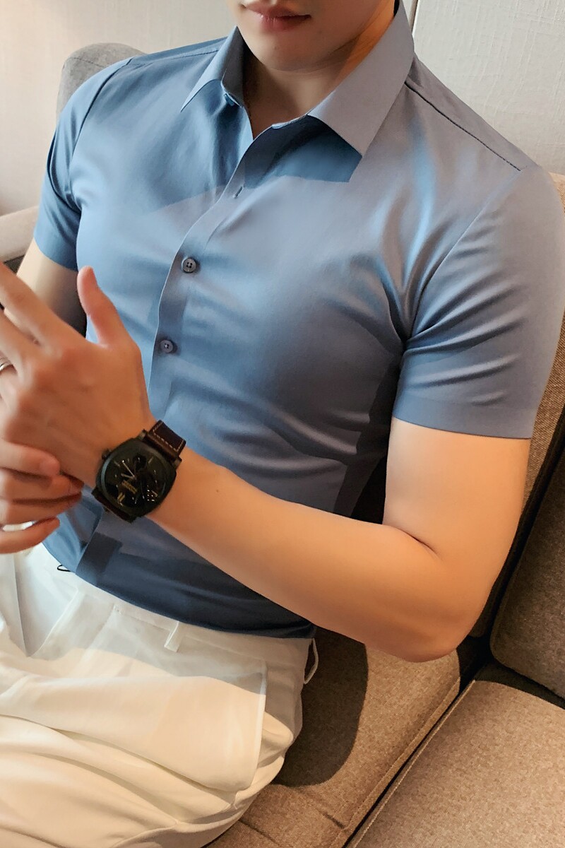 冰丝无痕压胶工艺衬衫夏季男纯色短袖衬衫修身衬衣男C1811-P73,男装T恤,电商A213