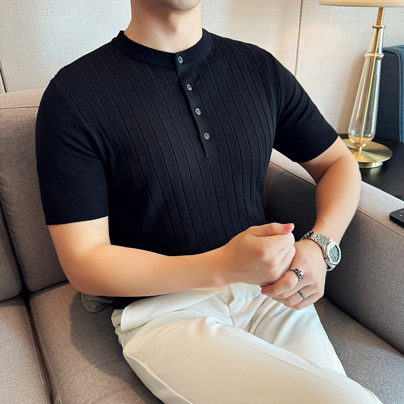 新中式圆领针织Polo衫~冰丝条纹亨利领短袖T恤男米白色PL8939-P58,男装T恤,电商A213