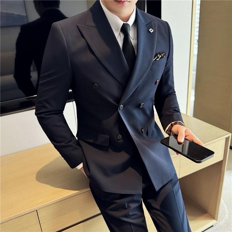 大码戗驳领双排扣西装两件套男修身商务西服套装LJT7053-P150特,男装西服套装,电商A213