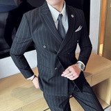 新郎西服套装条纹双排扣戗驳领西装三件套男西服黑色SJT8013-P275，男装西服套装，电商A213