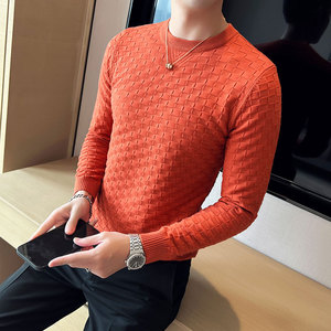 弹力提花编织冬季圆领毛衣男套头修身华夫格针织衫桔色M9342-P57图片
