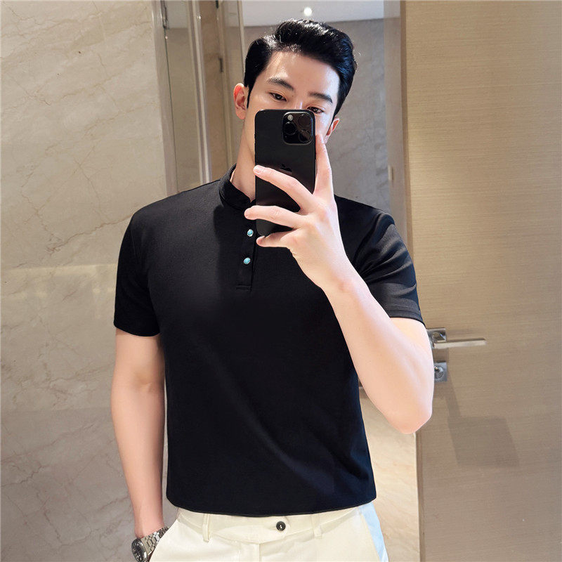 时尚绿松石扣子装饰设计感亨利领Polo衫男短袖T恤衫白色TF113-P47，男装Polo衫，电商A213